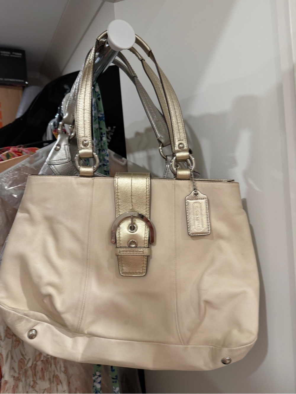 Coach Cream Shoulder Bag with Gold Accent Strap